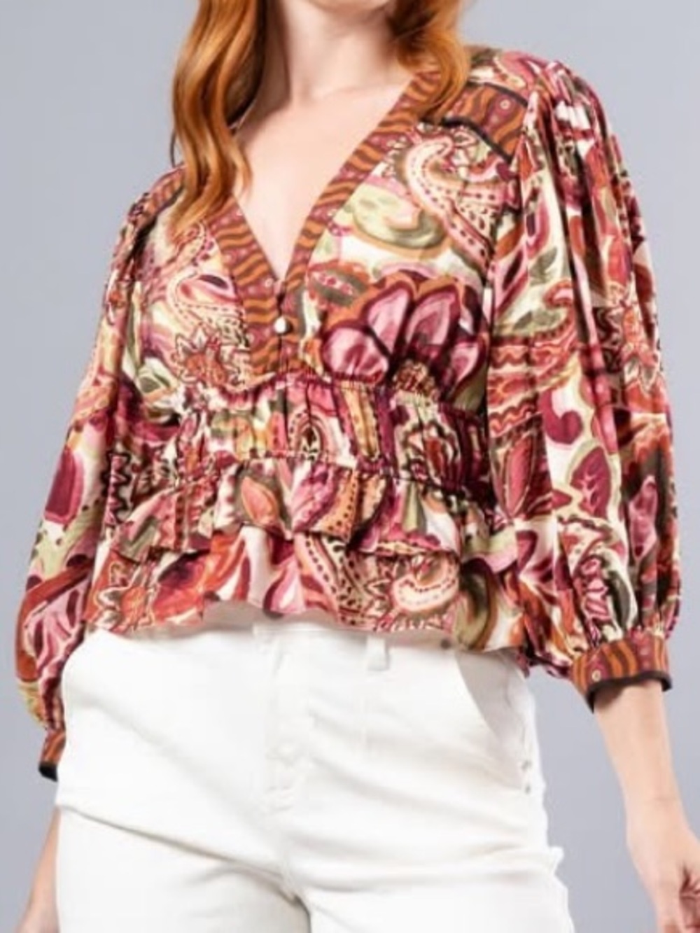 Dress Forum Boho Puff Sleeve V Neck Ruffle Blouse
